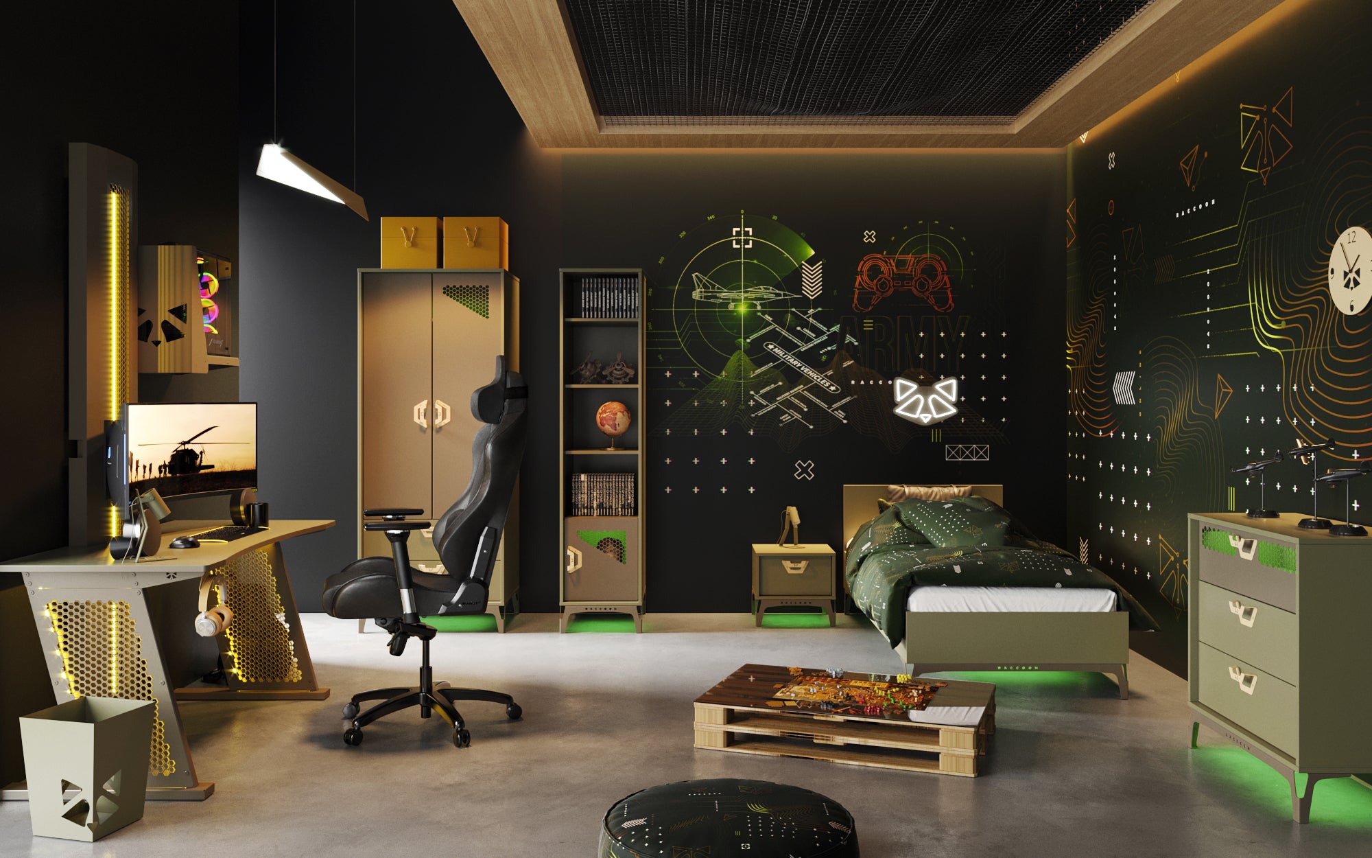 military design room and gaming furniture