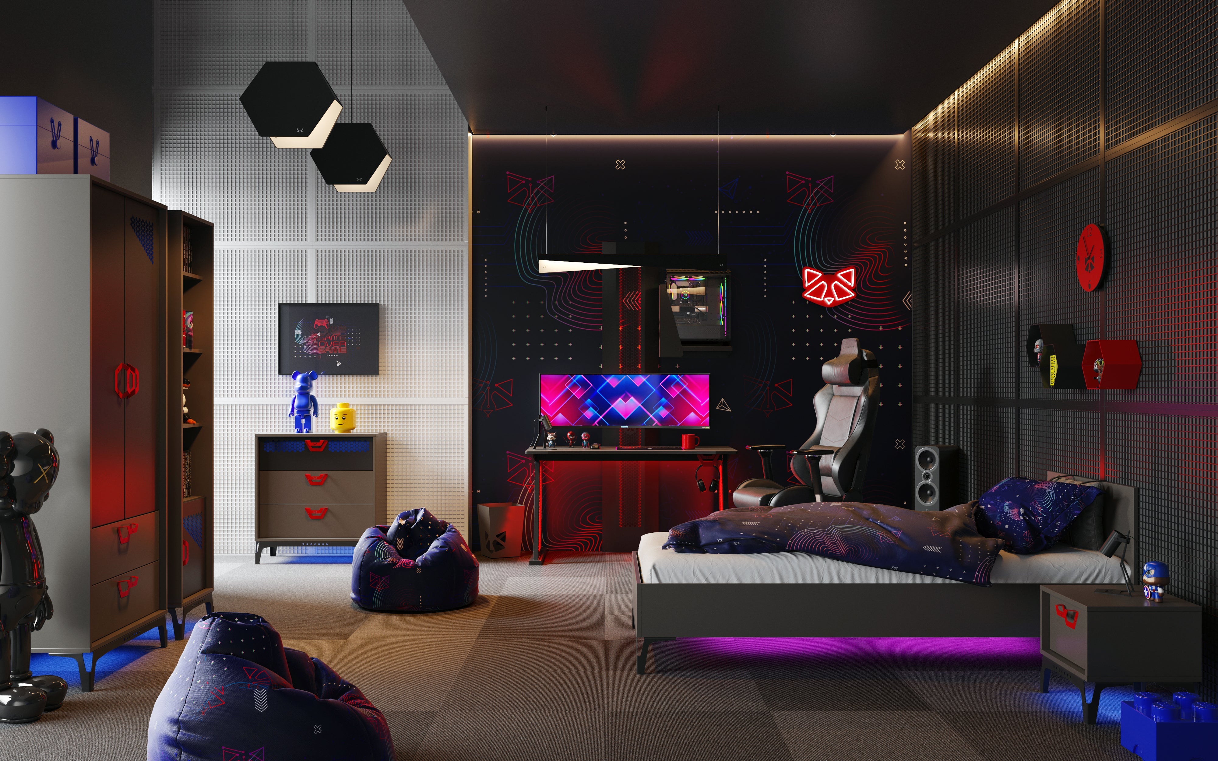 Raccoon HEKS ™ est une lampe moderne pour une chambre de jeunes dans le style de gaming 