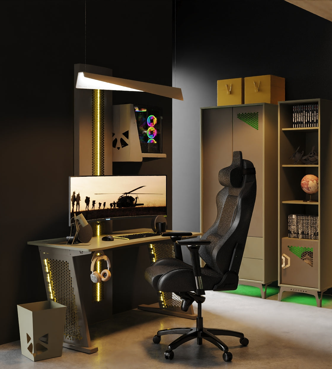 military style linear lamp gaming room